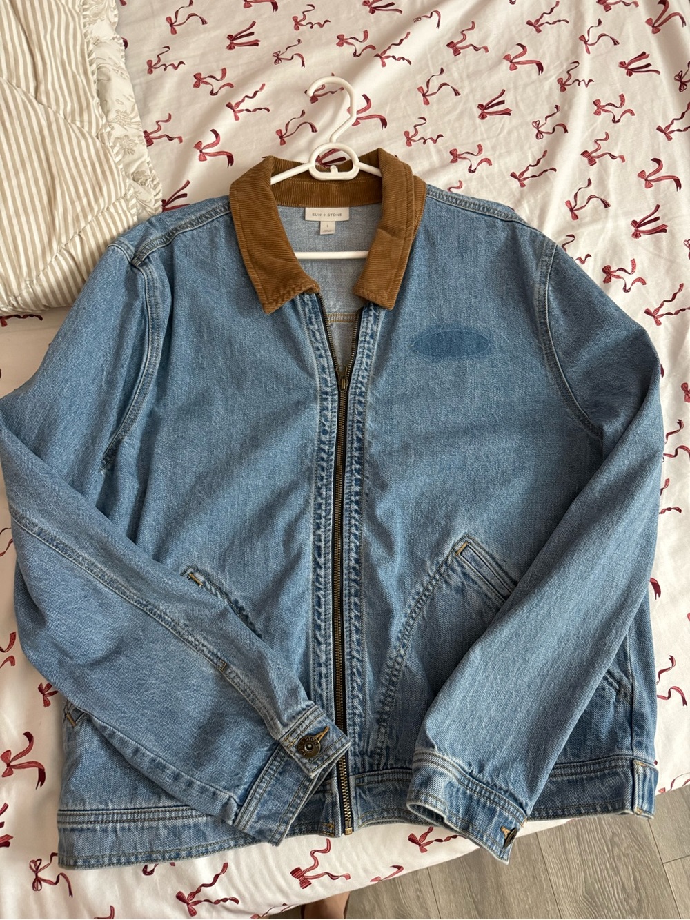 Sun + Stone Light Blue Denim Jacket with Brown Corduroy Collar
